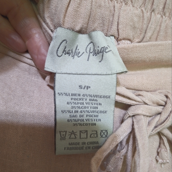 CHARLIE PAIGE Small women's pink linen blend wide leg capris elastic tie waist - Picture 2 of 4